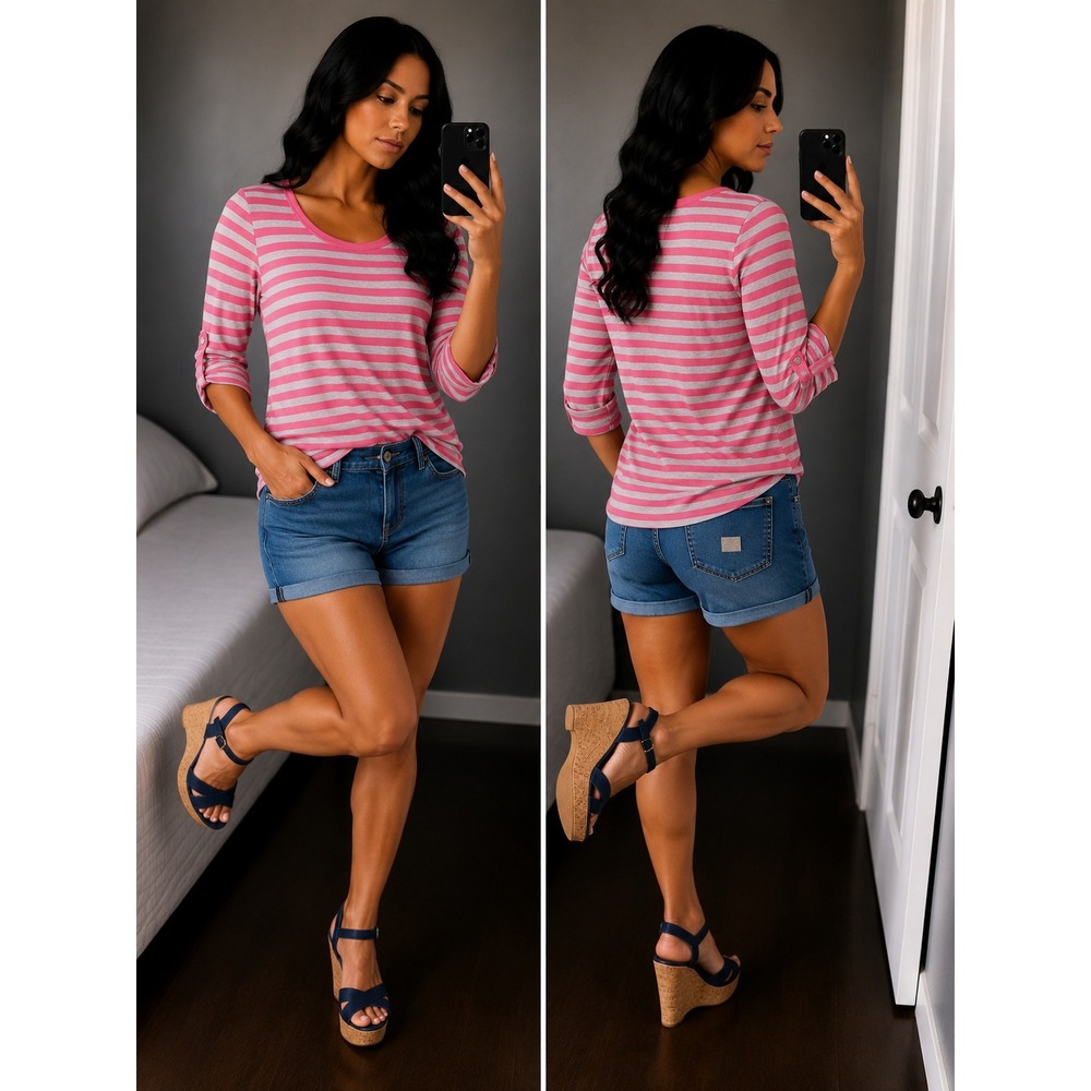 Allison‎ Brittany Women Large Pink Gray Stripe 3/4 Sleeve Crewneck Long Tunic